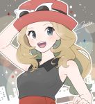  1girl adjusting_clothes adjusting_hat arm_up artist_name bare_shoulders black_shirt blonde_hair blush breasts creatures_(company) eyewear_on_headwear female game_freak grey_eyes hand_up happy hat highres long_hair looking_at_viewer medium_breasts miu_(miuuu_721) nintendo open_mouth outline pokemon pokemon_(game) pokemon_xy red_hat serena_(pokemon) shirt signature sleeveless sleeveless_shirt smile solo sunglasses teeth upper_body white-framed_eyewear white_outline 
