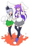  adapted_costume animal_ears aqua_eyes black_bow black_legwear black_neckwear black_ribbon bow bowtie bunny_ears commentary_request crepe eating food full_body green_shorts grey_skirt hair_ornament hair_ribbon hairband hairclip highres holding_hands ishimu konpaku_youmu konpaku_youmu_(ghost) long_hair miniskirt multiple_girls necktie open_mouth pantyhose parted_lips pointing puffy_short_sleeves puffy_sleeves purple_hair red_eyes reisen_udongein_inaba ribbon shirt short_hair short_sleeves shorts silver_hair skirt striped striped_neckwear suspender_shorts suspenders sweat thighhighs touhou white_shirt zettai_ryouiki 