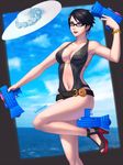  bayonetta bayonetta_(character) bayonetta_2 beach bellhenge belt bikini black_hair breasts cleavage eyeshadow glasses hat hat_removed headwear_removed highres large_breasts lipstick makeup md5_mismatch mole mole_under_mouth ocean resized short_hair solo sun_hat super_smash_bros. swimsuit upscaled water water_gun 