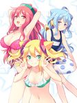  2girls :d :o age_difference ahoge armpits arms_behind_head arms_up bad_id bad_pixiv_id bangs bikini blue_eyes blue_hair blue_swimsuit breasts cleavage closed_mouth colored_eyelashes cowboy_shot double_bun double_v ear_covers floral_print frilled_bikini frills from_side front-tie_bikini front-tie_top green_bikini green_eyes hacka_doll hacka_doll_1 hacka_doll_2 hacka_doll_3 hair_between_eyes hair_ornament half-closed_eyes hands_up happy holding innertube kagehino_akari large_breasts leaning_forward legs_together light_smile long_hair looking_at_viewer low_twintails medium_breasts multiple_girls name_tag navel one-piece_swimsuit open_mouth otoko_no_ko parted_bangs parted_lips pink_bikini pink_eyes pink_hair polka_dot print_bikini school_swimsuit short_hair side-tie_bikini sideboob sidelocks smile standing star starry_background swimsuit thighs transparent twintails upper_body v very_long_hair white_background 