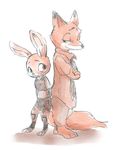  anthro back_to_back barefoot canine clothed clothing crossed_arms cute disney duo en_(artist) female fox fully_clothed fur judy_hopps lagomorph leaning long_ears looking_back male mammal necktie nick_wilde police_uniform rabbit restricted_palette simple_background size_difference standing uniform white_background zootopia 