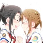  black_hair blush brown_hair closed_eyes high_school_fleet highres holding_hands interlocked_fingers long_hair misaki_akeno multiple_girls munetani_mashiro ponytail school_uniform serafuku short_hair twintails yasaka_shuu yokosuka_girls_marine_high_school_uniform yuri 