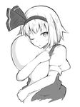  ;o greyscale hair_ribbon hairband headband hitodama hug ishimu konpaku_youmu konpaku_youmu_(ghost) monochrome object_hug one_eye_closed puffy_short_sleeves puffy_sleeves ribbon short_hair short_sleeves solo touhou upper_body vest 