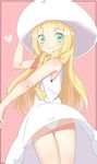  absurdres ass bad_id bad_pixiv_id blonde_hair braid dress from_behind green_eyes hand_on_headwear hat highres legs lillie_(pokemon) long_hair looking_back panties pika_(bilibilik) pokemon pokemon_(game) pokemon_sm sleeveless sleeveless_dress smile solo sun_hat sundress thigh_gap twin_braids underwear white_dress white_panties wind wind_lift 