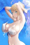  ahoge alternate_breast_size armpits arms_up artoria_pendragon_(all) blonde_hair bottomless breasts fate/stay_night fate_(series) green_eyes light_smile long_hair mouth_hold raised_eyebrows saber solo susisasimi sweat swimsuit tied_hair tying_hair 