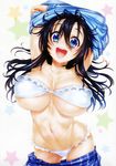  absurdres ass_visible_through_thighs black_hair blue_eyes bra breasts cleavage contrapposto dengeki_g's highres hisasi huge_breasts long_hair looking_at_viewer netoge_no_yome_wa_onna_no_ko_janai_to_omotta? open_mouth panties scan skirt skirt_lift smile solo standing sweat tamaki_ako toned underboob underwear undressing 