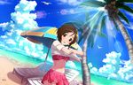  artist_request beach bikini blush brown_eyes brown_hair cloud cloudy_sky day doumyouji_karin idolmaster idolmaster_cinderella_girls idolmaster_cinderella_girls_starlight_stage looking looking_at_viewer messy_hair official_art outdoors palm_tree short_hair sky solo swimsuit tree umbrella undressing 