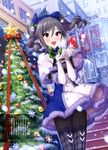  absurdres annindoufu_(oicon) blush capelet christmas christmas_tree drill_hair elbow_gloves gloves highres idolmaster idolmaster_cinderella_girls kanzaki_ranko official_art pantyhose red_eyes scan silver_hair smile snow solo thighhighs twin_drills twintails winter winter_clothes 