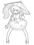  :p dress eyes full_body geta greyscale ishimu karakasa_obake leaning_forward legs_apart long_sleeves looking_at_viewer monochrome one-eyed simple_background sketch slippers solo standing tatara_kogasa tongue tongue_out touhou umbrella vest 