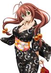  1girl breasts brown_hair cleavage female glasses green_eyes ikkitousen kimono large_breasts legs long_hair looking_at_viewer ryuubi_gentoku shiny_skin smile solo 