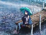  absurdly_long_hair bangs bare_shoulders black_legwear black_neckwear blue_eyes blue_hair blush elbow_gloves gloves holding holding_umbrella kantai_collection long_hair looking_away neckerchief outdoors parted_lips petals petals_on_liquid pier rain ripples sailor_collar samidare_(kantai_collection) school_uniform serafuku shirt sitting sleeveless sleeveless_shirt solo stone_wall swept_bangs thighhighs tsuta_no_ha umbrella very_long_hair wall water zettai_ryouiki 