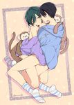  2boys bottomless high_speed! kirishima_ikuya male_focus multiple_boys nanase_haruka_(free!) nimoda_ai smile socks stuffed_animal undressing 