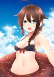  absurdres adapted_costume ahoge akky_(akimi1127) bikini blue_eyes braid breasts brown_hair cleavage cloud day doughnut food hair_flaps hair_ornament hair_over_shoulder highres kantai_collection long_hair medium_breasts navel open_mouth remodel_(kantai_collection) shigure_(kantai_collection) single_braid sky smile solo swimsuit 