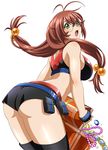  1girl ass breasts brown_hair female glasses green_eyes ikkitousen legs long_hair looking_at_viewer ryuubi_gentoku shiny_skin short_shorts shorts solo 