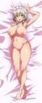  1girl :d areolae armpits bed blush bow braid breasts curvy full_body hair_bow hair_ornament huge_breasts izayoi_sakuya kimi_osamu_yujo looking_at_viewer lying maid_headdress navel nipples nude on_back on_bed one_arm_up open_mouth shiny shiny_skin silver_hair smile solo tied_hair touhou twin_braids v wide_hips yellow_eyes 
