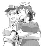  alternate_costume anger_vein bismarck_(kantai_collection) breasts commentary euro_2016 eyebrows eyebrows_visible_through_hair germany glasses greyscale hat italy kantai_collection kinosuke_(sositeimanoga) large_breasts long_hair monochrome multiple_girls open_mouth peaked_cap roma_(kantai_collection) short_hair soccer soccer_uniform sportswear 