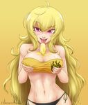  1girl between_breasts blonde_hair breasts cleavage cslucaris food ice_cream looking_at_viewer muscle muscular_female navel rwby sexually_suggestive solo sweat tongue tongue_out yang_xiao_long 