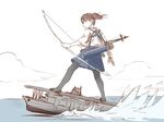  aircraft_carrier bow_(weapon) brown_hair commentary_request ishii_hisao kaga_(aircraft_carrier) kaga_(kantai_collection) kantai_collection meme military military_vehicle object_namesake quiver ship side_ponytail solo thighhighs warship watercraft waterskiing_(meme) weapon 