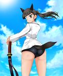  animal_ears ass black_eyes black_hair blue_sky breasts closed_mouth cloud commentary_request day dog_ears dog_tail extra_ears eyepatch from_behind highres katana leaning_on_object long_hair looking_at_viewer looking_back medium_breasts military military_uniform outdoors ponytail print_eyepatch sakamoto_mio scabbard school_swimsuit sheath shiny shiny_hair shiny_skin sky smile solo standing strike_witches swimsuit swimsuit_under_clothes sword tail tk_(butakuma) uniform weapon white_eyepatch world_witches_series 