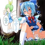  2girls :o blue_eyes blue_hair bow cirno clothed_masturbation daiyousei fairy_wings fang fingering fingering_through_clothes green_hair hair_bow hair_ribbon hard_translated ice ice_wings keishiki_(leftwin) masturbation masturbation_through_clothing multiple_girls necktie open_mouth panties pussy_juice ribbon sitting through_clothes touhou translated underwear wings 