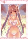  absurdres artist_name breasts brown_hair cleavage collarbone dress dress_lift hair_ribbon highres long_hair looking_at_viewer medium_breasts navel original p19 panties red_eyes ribbon smile solo translation_request twintails underwear wet wet_clothes wet_dress white_dress white_panties white_ribbon 