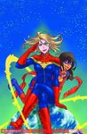  2girls blonde_hair bodysuit boots breasts brown_eyes brown_hair captain_marvel carol_danvers cover cover_page crossed_legs dark_skin domino_mask earth giantess gloves green_eyes kamala_khan knee_boots lips long_hair marvel mask medium_breasts ms._marvel ms._marvel_(series) multiple_girls official_art red_gloves salute scarf sitting smile superhero tateo_retsu v 