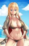  aircraft airplane ass_visible_through_thighs bangs beach bikini bismarck_(kantai_collection) black_bikini blonde_hair blue_eyes blue_sky breasts closed_mouth cloud collarbone condensation_trail cowboy_shot day halter_top halterneck hands_on_hips hat hat_removed headwear_removed highres horizon kantai_collection large_breasts layered_bikini long_hair looking_at_viewer navel ocean open_clothes open_shirt outdoors peaked_cap shirt side-tie_bikini sky smile solo standing swimsuit swimsuit_under_swimsuit very_long_hair water zukky 