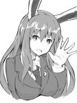  animal_ears bangs blazer breasts bunny_ears collared_shirt crescent greyscale hand_up ishimu jacket large_breasts long_hair long_sleeves looking_at_viewer monochrome necktie open_mouth reisen_udongein_inaba shirt simple_background sketch solo touhou upper_body waving wing_collar 