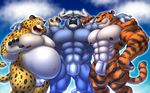  2016 abs anthro arm_around_shoulders benjamin_clawhauser biceps big_muscles black_fur black_nose blue_fur bovine buffalo cheetah chief_bogo cloud disney fangs feline flaccid fur group horn interval looking_at_viewer male mammal muscular muscular_male navel nipples nude open_mouth orange_fur outside overweight pecs penis sky smile standing stripes stripper_tiger_(zootopia) teeth tiger tongue whiskers white_fur yellow_fur zootopia 