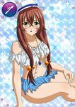  1girl bare_legs breasts brown_hair card_(medium) female glasses green_eyes hat ikkitousen large_breasts long_hair looking_at_viewer ryuubi_gentoku shiny_skin sitting solo 