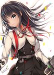  asashio_(kantai_collection) belt black_hair blue_eyes blurry confetti depth_of_field dress eyebrows eyebrows_visible_through_hair hair_over_one_eye kantai_collection light_smile long_hair long_sleeves md5_mismatch neck_ribbon pinafore_dress red_ribbon remodel_(kantai_collection) ribbon solo twitter_username white_background wind youqiniang 