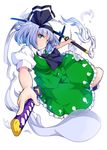  &gt;:( ascot black_hairband black_ribbon blue_eyes commentary_request foreshortening frown green_skirt green_vest hair_ribbon hairband highres hitodama ishimu katana konpaku_youmu konpaku_youmu_(ghost) looking_at_viewer puffy_short_sleeves puffy_sleeves ribbon scabbard sheath sheathed short_hair short_sleeves silver_hair skirt skirt_set solo sword touhou v-shaped_eyebrows vest wakizashi weapon 