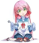  :o age_regression akashi_(kantai_collection) bangs blue_skirt eyebrows eyebrows_visible_through_hair full_body green_eyes hair_between_eyes hair_ribbon head_tilt holding kantai_collection long_hair long_sleeves magenta_(atyana) neck_ribbon no_shoes oversized_clothes pleated_skirt red_ribbon ribbon ribbon-trimmed_legwear ribbon_trim school_uniform serafuku short_over_long_sleeves short_sleeves simple_background sitting skirt sleeves_past_wrists solo surprised tress_ribbon turtleneck undershirt very_long_hair wariza white_background wrench younger 