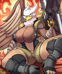  2016 anthro areola avian big_breasts breasts cleavage clothed clothing female gryphon gun jaeh looking_at_viewer ranged_weapon smile solo weapon 