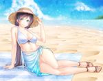  aqua_eyes arm_at_side arm_support bangs beach bikini blanket blue_sky blurry blush breasts cleavage closed_mouth cloud day depth_of_field eyebrows eyebrows_visible_through_hair frilled_bikini frills full_body hair_ornament hair_scrunchie hand_on_headwear hat hat_ribbon large_breasts lens_flare long_hair looking_at_viewer love_live! love_live!_school_idol_project low_twintails navel ocean outdoors pink_scrunchie plant purple_hair ribbon sand sandals sarong scrunchie sitting sky smile solo sparkle stomach straw_hat string striped summer swimsuit toujou_nozomi twintails very_long_hair white_background yamaishi_nohi yokozuwari 