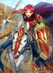  alen_(fire_emblem) armor cape copyright_name fire_emblem fire_emblem:_fuuin_no_tsurugi fire_emblem_cipher horse male_focus matsurika_youko official_art open_mouth polearm red_eyes red_hair shield solo spear teeth weapon 