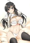  1girl armor black_hair blush bra braid breasts cleavage copyright_request cross_earrings earrings gauntlets grey_eyes large_breasts lingerie long_hair looking_at_viewer navel panties shining_(series) shining_hearts shining_resonance solo sonia_blanche the-sinnerz thighhighs underwear 