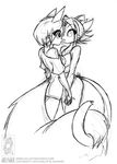  2015 anthro bare_shoulders breast_squish breasts cat clothing conditional_dnp duo entwined_tails eye_contact feline female fluffy fluffy_tail hair hand_holding inner_ear_fluff jollyjack kat_vance mammal midriff monochrome rodent scarlet_(sequential_art) sequential_art shirt short_hair simple_background sketch squirrel white_background 