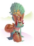  anthro c4camel canine clothed clothing female hands_behind_head headdress kneeling looking_at_viewer mammal navel nipple_bulge open_mouth simple_background smile solo tongue 