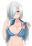  blue_bra blue_eyes bra breasts burusuta collarbone embarrassed hair_ornament hair_over_one_eye hairclip hamakaze_(kantai_collection) highres kantai_collection large_breasts looking_at_viewer open_clothes open_shirt school_uniform serafuku shiny shiny_skin shirt short_hair silver_hair simple_background solo underwear upper_body wavy_mouth white_background 