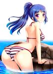  ass bikini blue_hair blush breasts long_hair looking_at_viewer love_live! love_live!_sunshine!! matsuura_kanan medium_breasts ponytail purple_eyes smile solo striped striped_bikini swimsuit tekehiro trefoil 