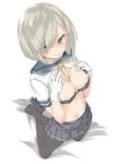  bangs between_breasts black_bra black_skirt blue_eyes blush bra breasts cleavage closed_mouth crossed_legs ebifurya eyebrows eyebrows_visible_through_hair eyes_visible_through_hair frills full_body gloves hair_ornament hair_over_one_eye hairclip hamakaze_(kantai_collection) hands_on_own_chest highres kantai_collection kneeling large_breasts looking_away looking_to_the_side navel neckerchief no_shoes pantyhose pleated_skirt school_uniform serafuku shirt_lift short_hair short_sleeves silver_hair simple_background skirt soles solo stomach swept_bangs underwear white_background white_gloves yellow_neckwear 