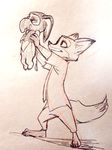  &lt;3 2016 abstract_background anthro barefoot canine dipstick_tail disney duo fennec finnick fox half-closed_eyes holding_(disambiguation) male mammal monochrome mortic_ox multicolored_tail nick_wilde plantigrade simple_background sketch smile standing suit traditional_media_(artwork) unimpressed zootopia 
