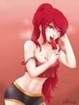  1girl breasts cleavage cslucaris food ice_cream licking looking_at_viewer muscle muscular_female navel pyrrha_nikos rwby sexually_suggestive solo sweat tongue tongue_out 