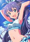 :d antenna_hair armpits arms_up bikini black_hair blue_eyes breasts cloud day earrings fang ganaha_hibiki idolmaster idolmaster_(classic) jewelry long_hair navel open_mouth ponytail sailor_bikini sailor_collar sailor_swimsuit_(idolmaster) sky small_breasts smile solo swimsuit usabutapon 