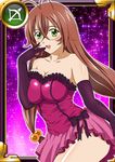  1girl bare_legs breasts brown_hair card_(medium) dress female glasses green_eyes ikkitousen large_breasts long_hair looking_at_viewer ryuubi_gentoku shiny_skin smile solo 