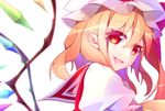  blonde_hair crystal eyebrows_visible_through_hair face fang flandre_scarlet from_side hat hat_ribbon kawasaki_toiro mob_cap open_mouth pointy_ears portrait puffy_sleeves red_eyes ribbon sailor_collar short_sleeves side_ponytail simple_background slit_pupils smile solo touhou white_background wings 
