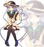  ;) akayan bad_id bad_pixiv_id black_bow black_hat black_legwear black_neckwear blush bow bowtie buttons character_name closed_mouth commentary_request dress eyeball frilled_dress frilled_shirt_collar frilled_sleeves frills full_body green_eyes hat hat_bow hat_ribbon heart heart_of_string highres komeiji_koishi long_sleeves looking_at_viewer one_eye_closed over-kneehighs ribbon short_hair silver_hair smile solo thighhighs third_eye touhou translated twitter_username wide_sleeves yellow_bow yellow_dress yellow_ribbon zoom_layer 