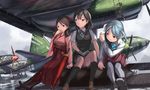  aircraft airplane black_hair brown_hair doraxi drill_hair g4m gloves grey_eyes grey_hair hakama harukaze_(kantai_collection) japanese_clothes kantai_collection ki-61_hien kimono kiyoshimo_(kantai_collection) long_hair meiji_schoolgirl_uniform multiple_girls oyashio_(kantai_collection) pantyhose rain red_eyes school_uniform twin_drills vest white_gloves 