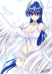  1girl bare_shoulders blue_hair blush breasts cleavage copyright_request harpy large_breasts long_hair looking_at_viewer navel ponytail red_eyes solo the-sinnerz tiara 